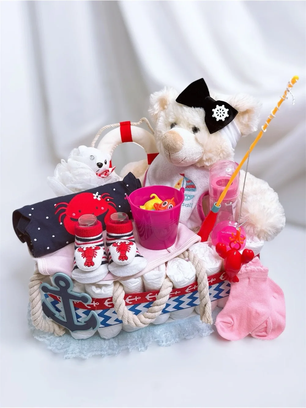 Nautical Girl Fishing Boat Baby Gift Basket with Plush Bear, Shower Gift